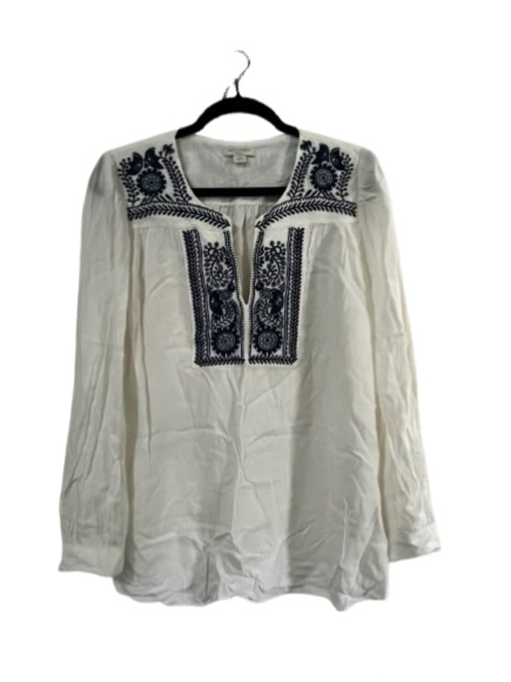 Saint Tropez West White Tunic Blouse with Navy Embroidery Vintage Sz L Nice